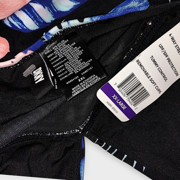 DKNY Womens Swimsuit Sz XXL Floral Navy Halter Tie High Cut Legs Ruched Tummy NW - Picture 8 of 8